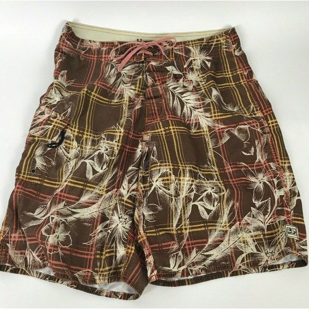 Honolua Mens Pink Brown Board Shorts Drawstring Plaid and Floral Pocket Size 32